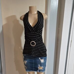 Black and White Striped Halter Top Med